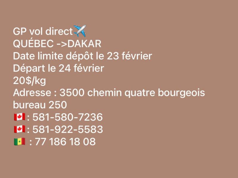 GP VOL DIRECT QUEBEC-SENEGAL(QUEBEC-DAKAR)